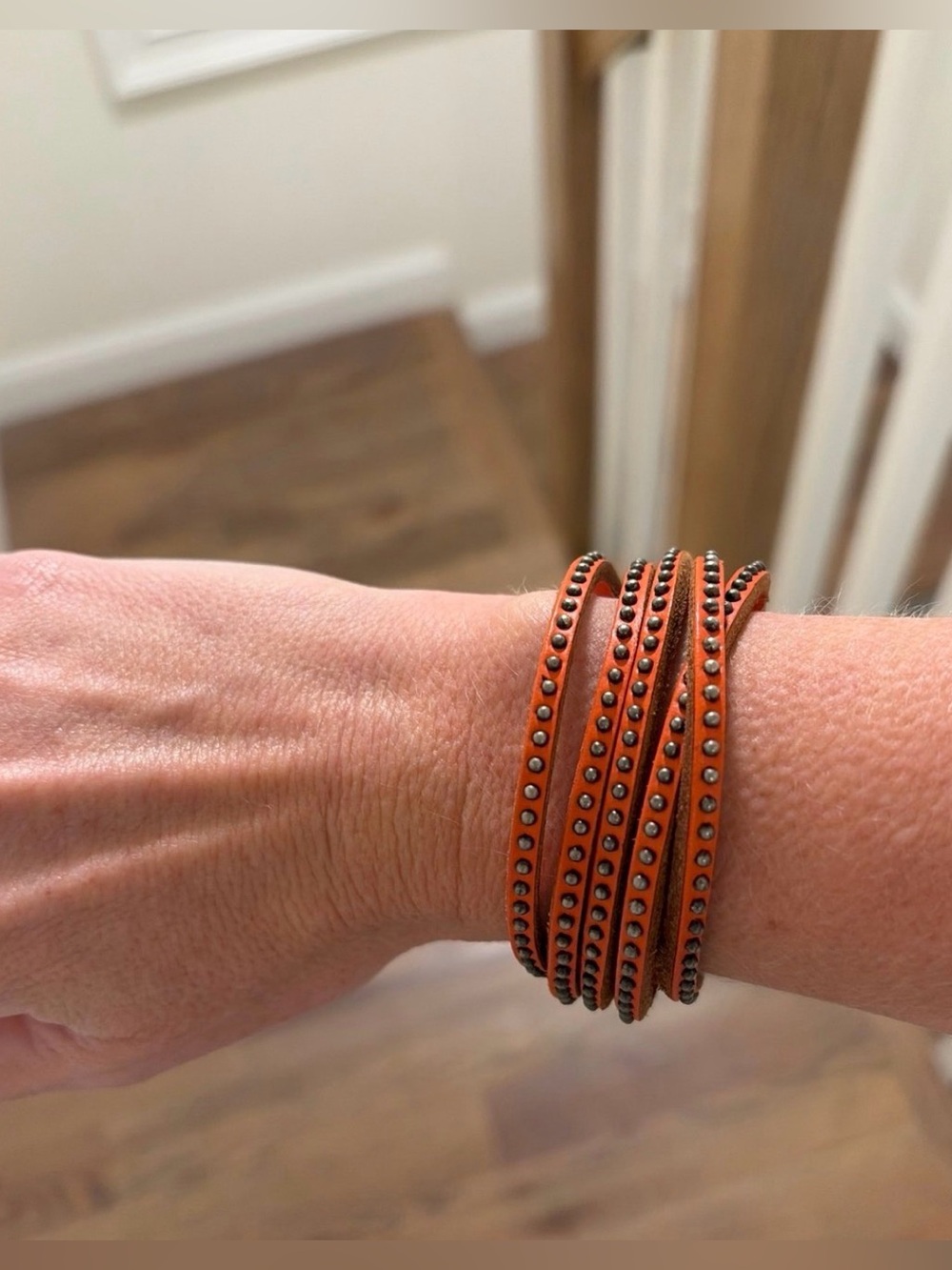 Vintage Orange Multi-Row Studded Leather Wrap Bracelet - Women Jewelry